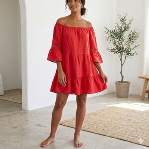 Terzo Millennio Italy Red Linen Lace Bell Sleeve Tiered Mini Dress L Lagenlook